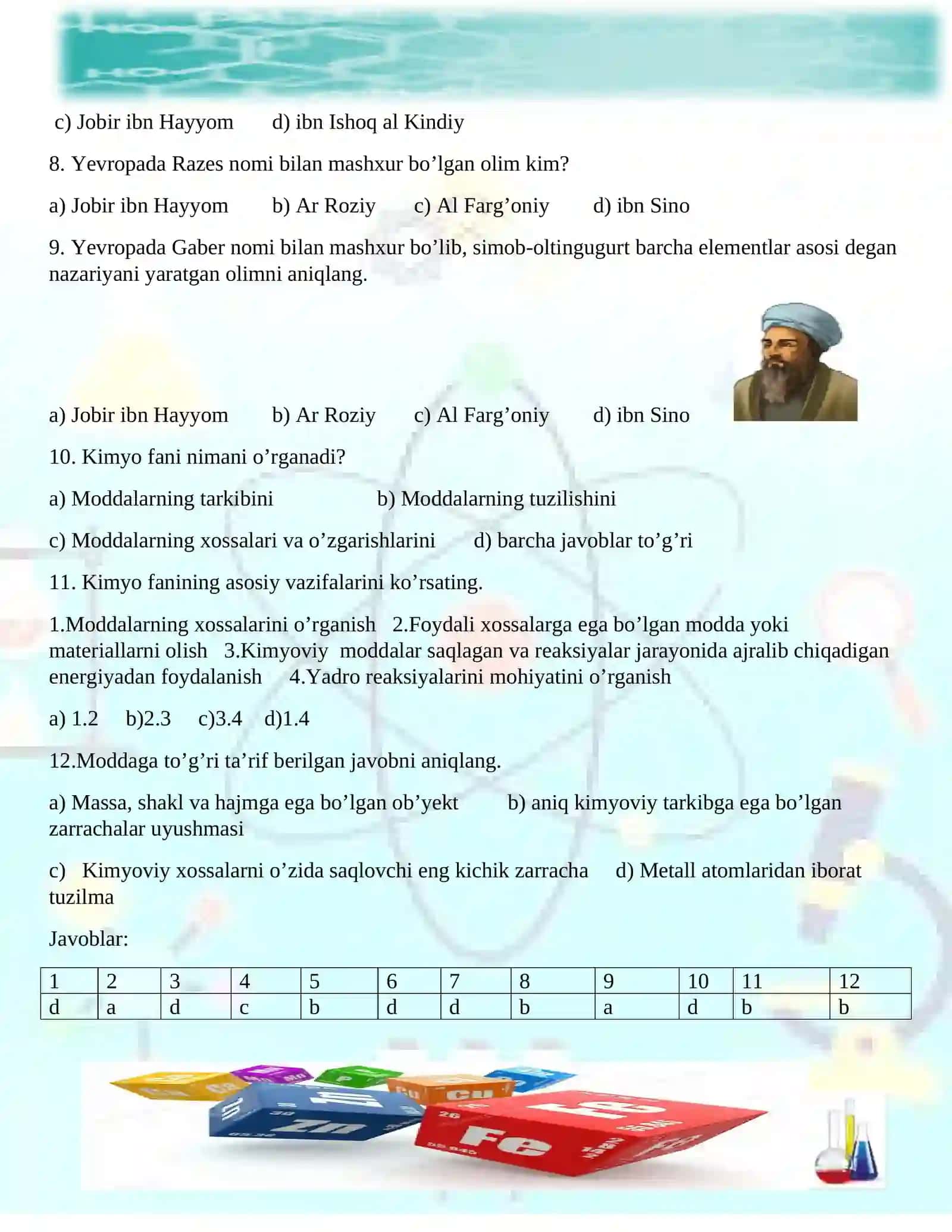 7-sinf Kimyo darslarining mustahkamlash qismi uchun mavzulashtirilgan topshiriqlar to'plami 4
