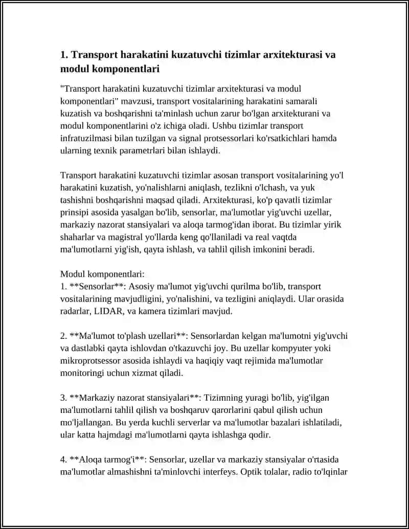 TRANSPORT XARAKATINI KUZATUVCHI TIZIMLARNI TUZILISHI VA U YERDA QO‘LLANILADIGAN SP TURLARI PARAMETRLARI VA ISHLASH TARTIBI 4