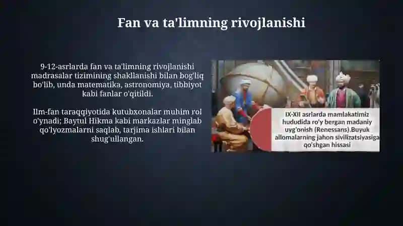 9-12 asrlarda mamlakatimiz hududida roʻy bergan madaniy uygʻonish 4