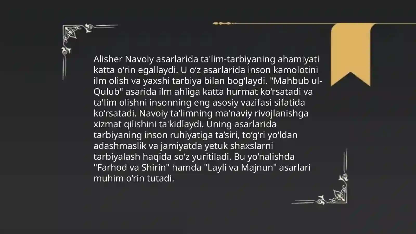 Alisher Navoiy asrida talim tarbiya toʻgʻrisida. A.Jomiy va Jaloliddin asarlarida axloqiy va talim qarashlari 4