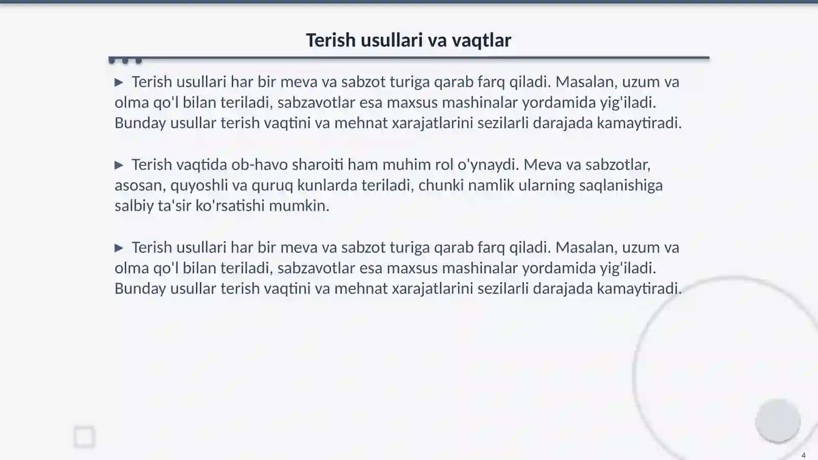 Meva va sabzavotlarni terish saralash va ularga yanvar ishlov berish 4