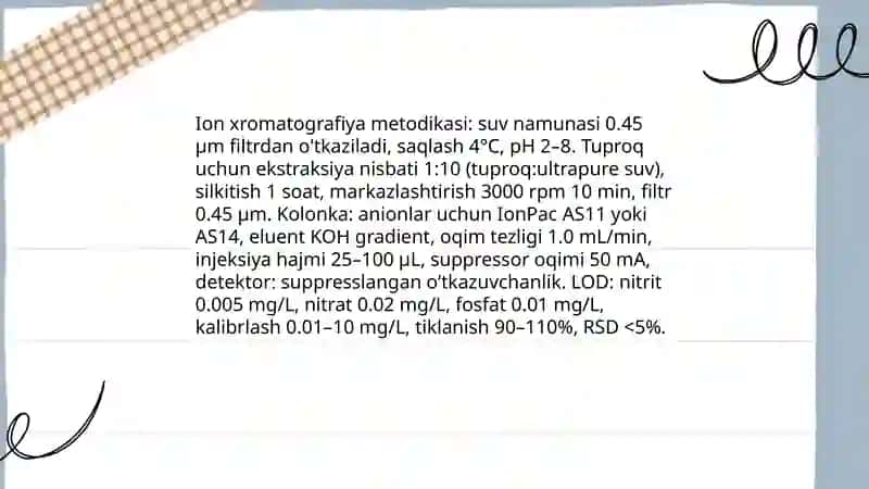 Tuproq va suvning ifloslanishida ion bogʻlanishli birikmalarni aniqlab ulardan tozalash usulini ishlab chiqarish 4