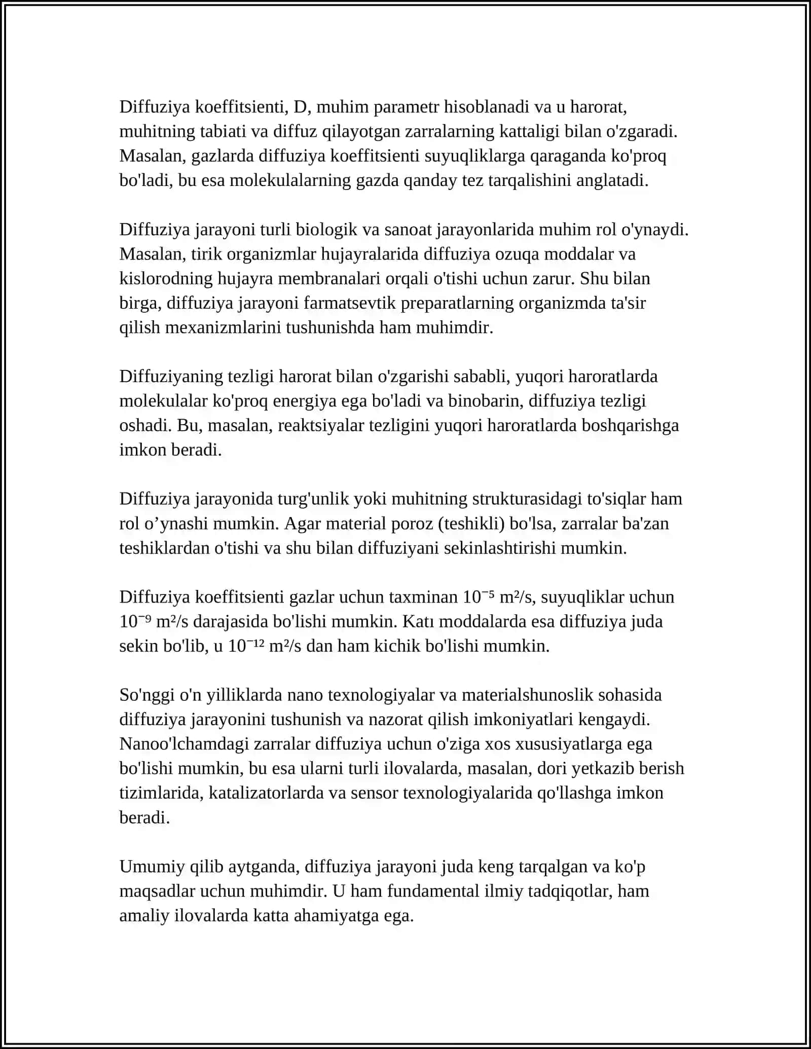 KO'CHISH HODISALARI. DIFFUZIYA,ISSIQLIK O'TKAZUVCHANLIK VA QOVUSHQOQLIK.FAZAVIY O'TISHLAR 4