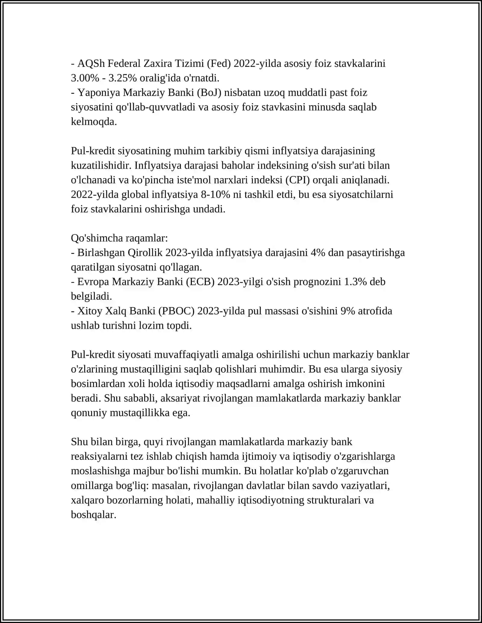MUSTAQIL ISH Mavzu: O'ZBEKISTON RESPUBLIKASI MARKAZIY BANKINING VAZIFALARI 4