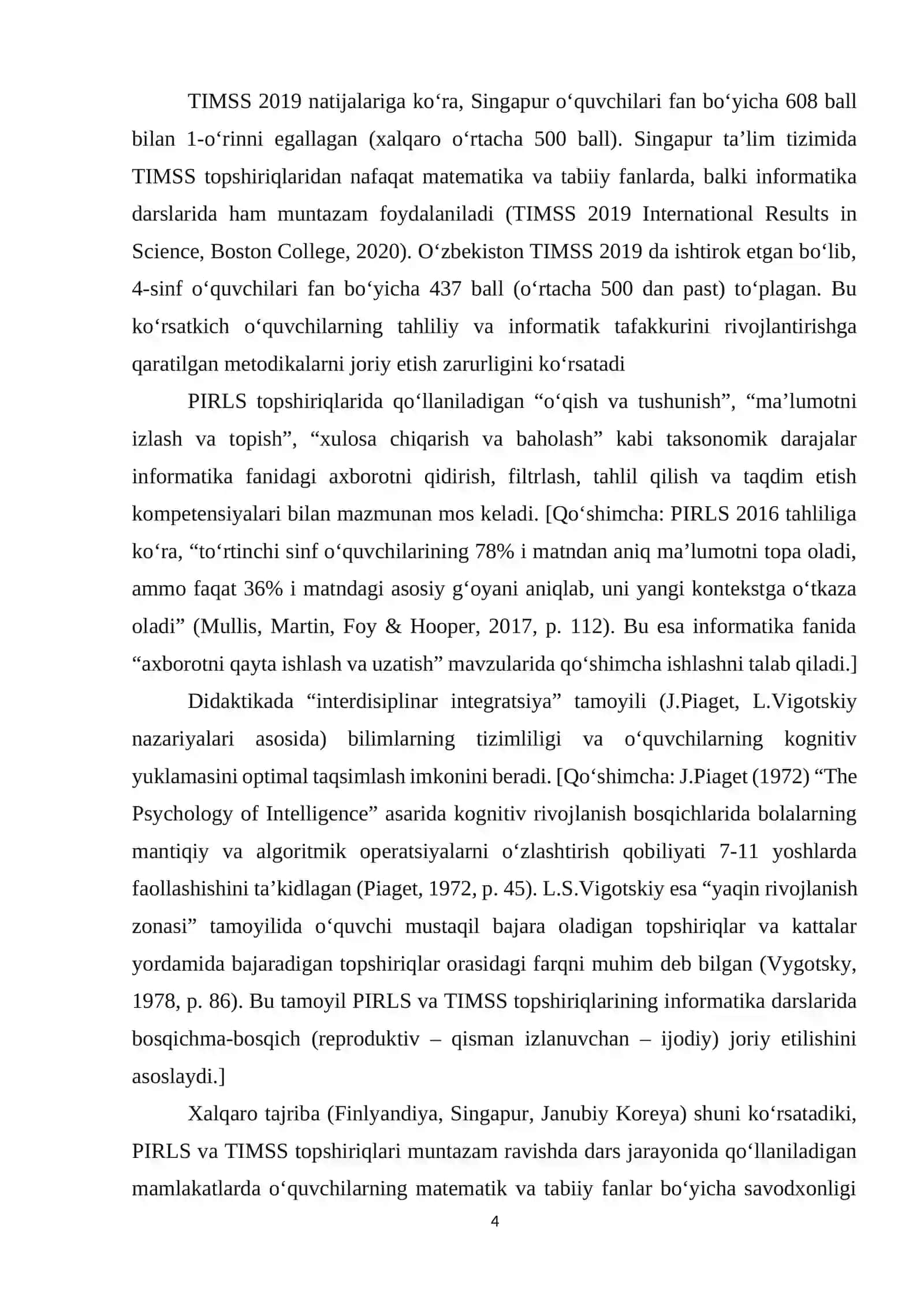 Informatika fanini oʻqitishda xalqaro baholash dasturlari (PIRLS, TIMSS) topshiriqlarini integratsiya qilish metodikasi 4