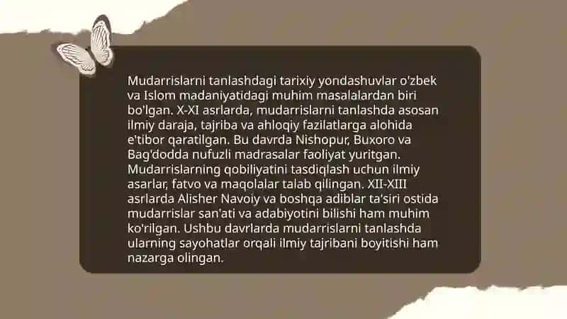 Sharq donishmandlari va mutaffakirlarining ijodiy merosida mudarrislarni tanlash,ularga qoʻyilgan talab,ularning mahorati,muloqot muomala madaniyatiga qoʻyilgan talablar 4
