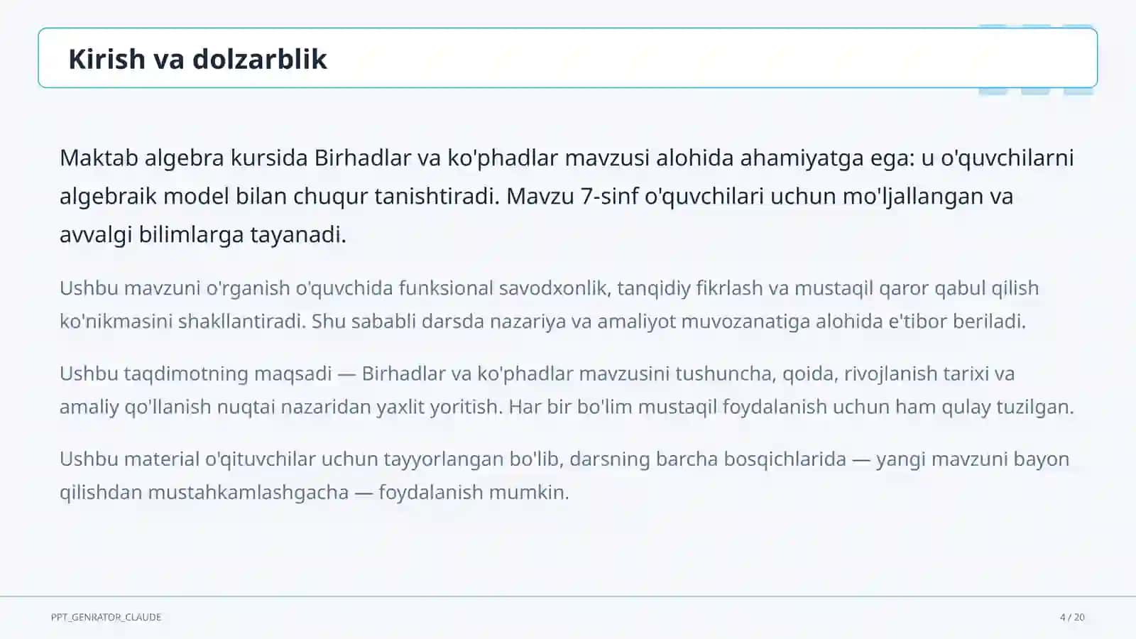Algebra (7–11) - o'qituvchilar uchun 4