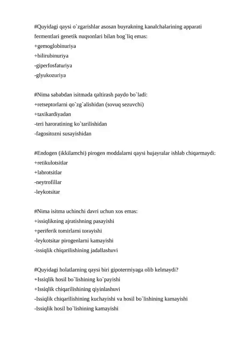 Patofiziologiya fanidan 300 talik test, 2 talik javoblari bilan 4