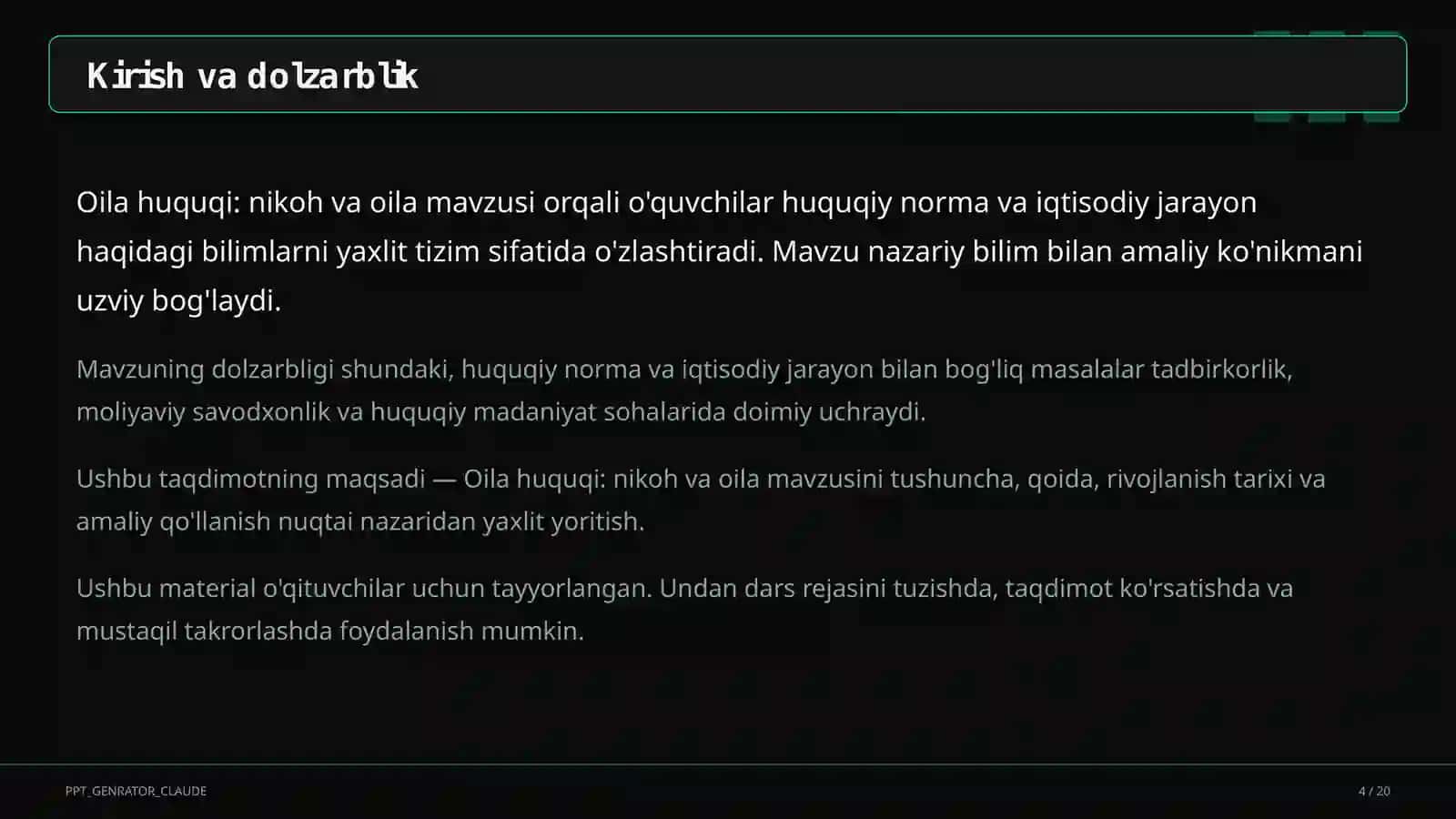 Huquq va iqtisodiyot asoslari (9–11) — o'qituvchilar uchun 4