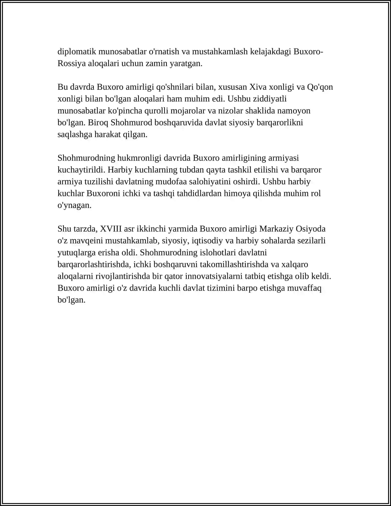 XVIII - ASR IKKINCHI YARMI - XIX ASRNING BIRINCHI YARMIDA BUXORO AMURLIGI, XIVA VA QO'QON XONLIKLARI 4