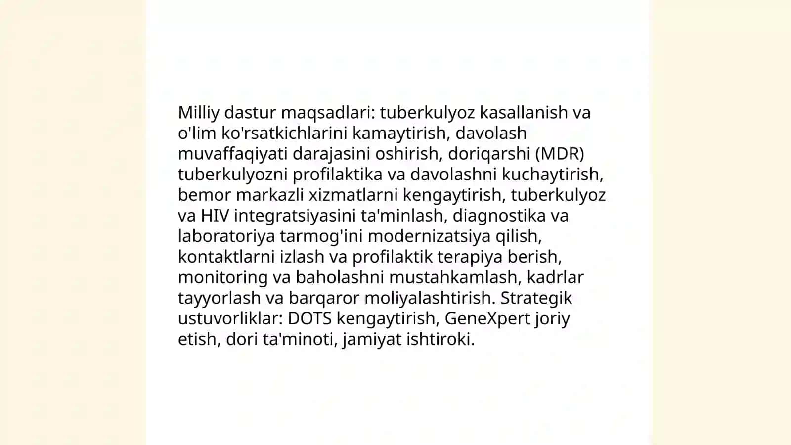 Ozbekistonda tuberkulyozga qarshi kurashishning milliy dasturi. Ozbekistonda tuberkulyoz bo`yicha epidemiologic vaziyatni baholash 4