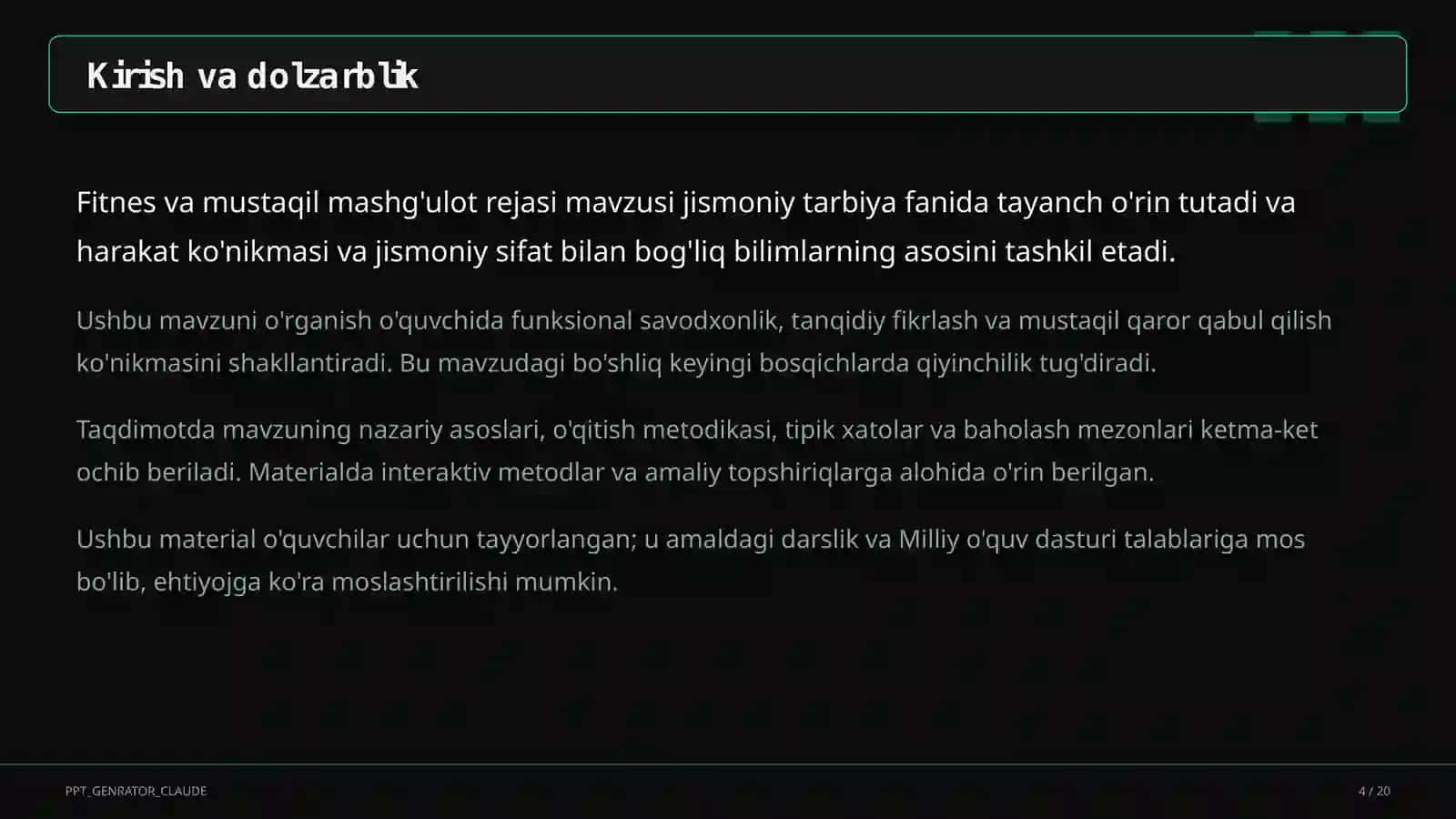 Fitnes va mustaqil mashg'ulot rejasi (11-sinf) 4