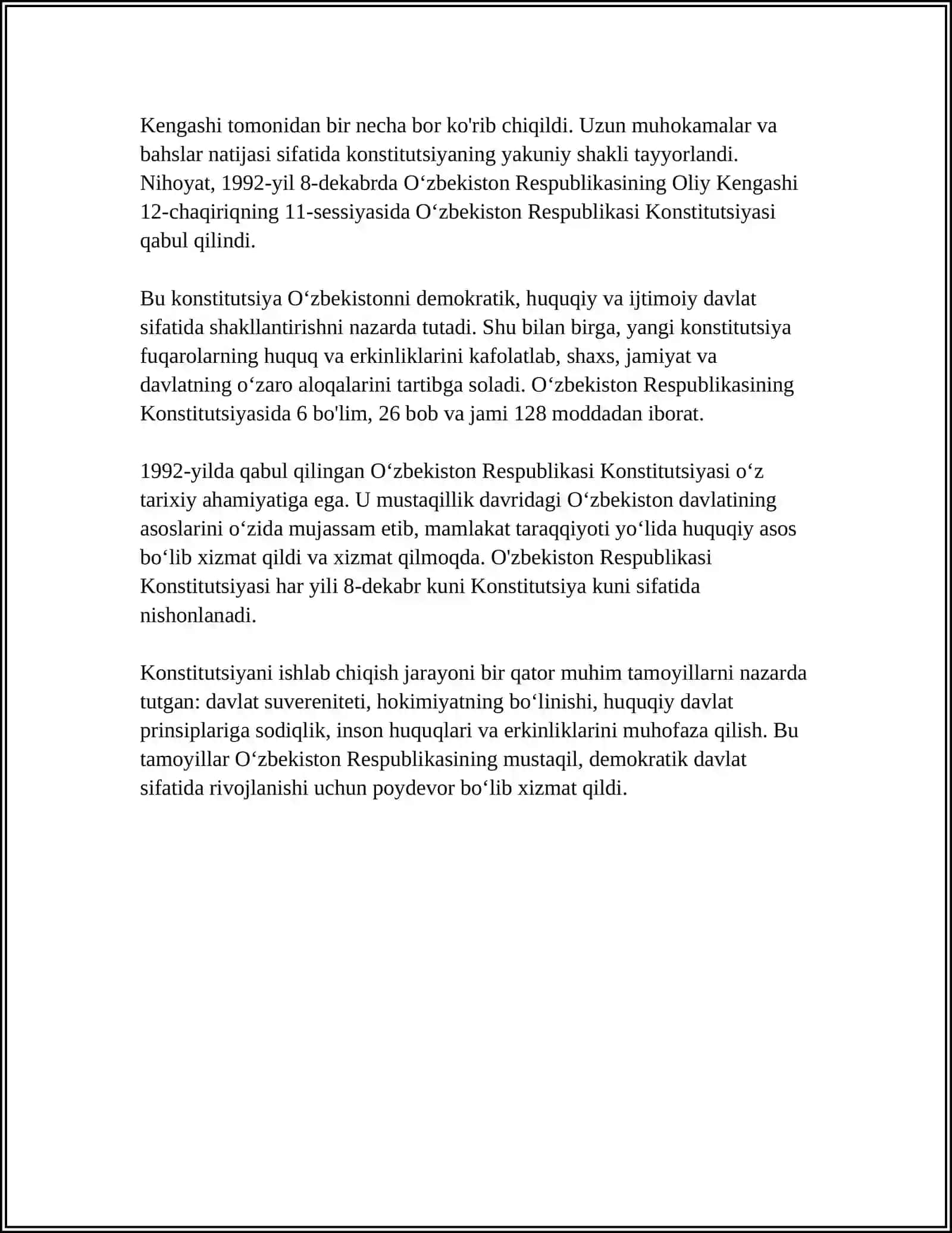 OʻZBEKISTON RESPUBLIKASI KONSTITUTSIYASININV QABUL QILINISHI VA UNING TARIXIY AHAMIYATI 4