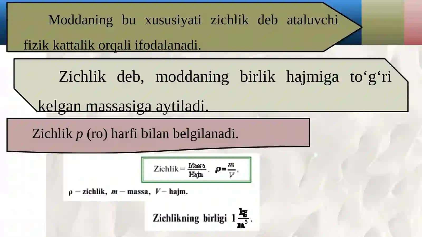 6-sinf Fizika fanidan Zichlik va uning birliklari, Beruniy va Hozin usullari dars taqdimoti 4