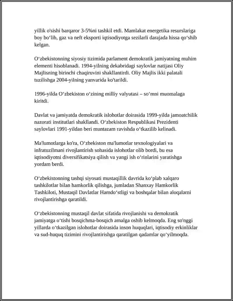 OʻZBEKISTONDA DEMOKRATIK, FUQAROLIK JAMIYATI ASOSLARINING SHAKLLANISHI, AMALGA OSHIRILGAN SIYOSIY ISLOHOTLAR 4