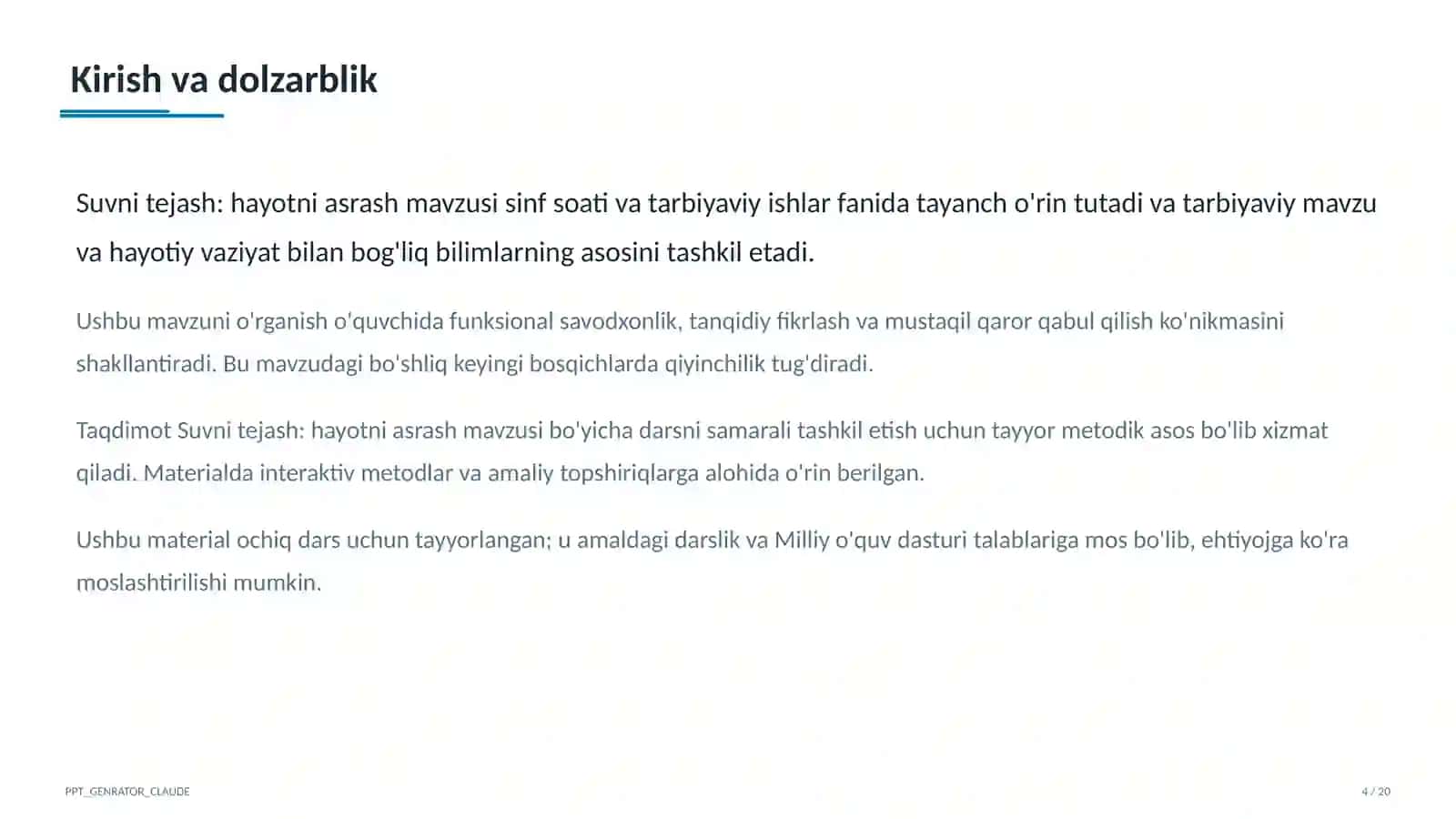 Sinf soati va tarbiyaviy tadbirlar (1–11) — ochiq dars uchun 4