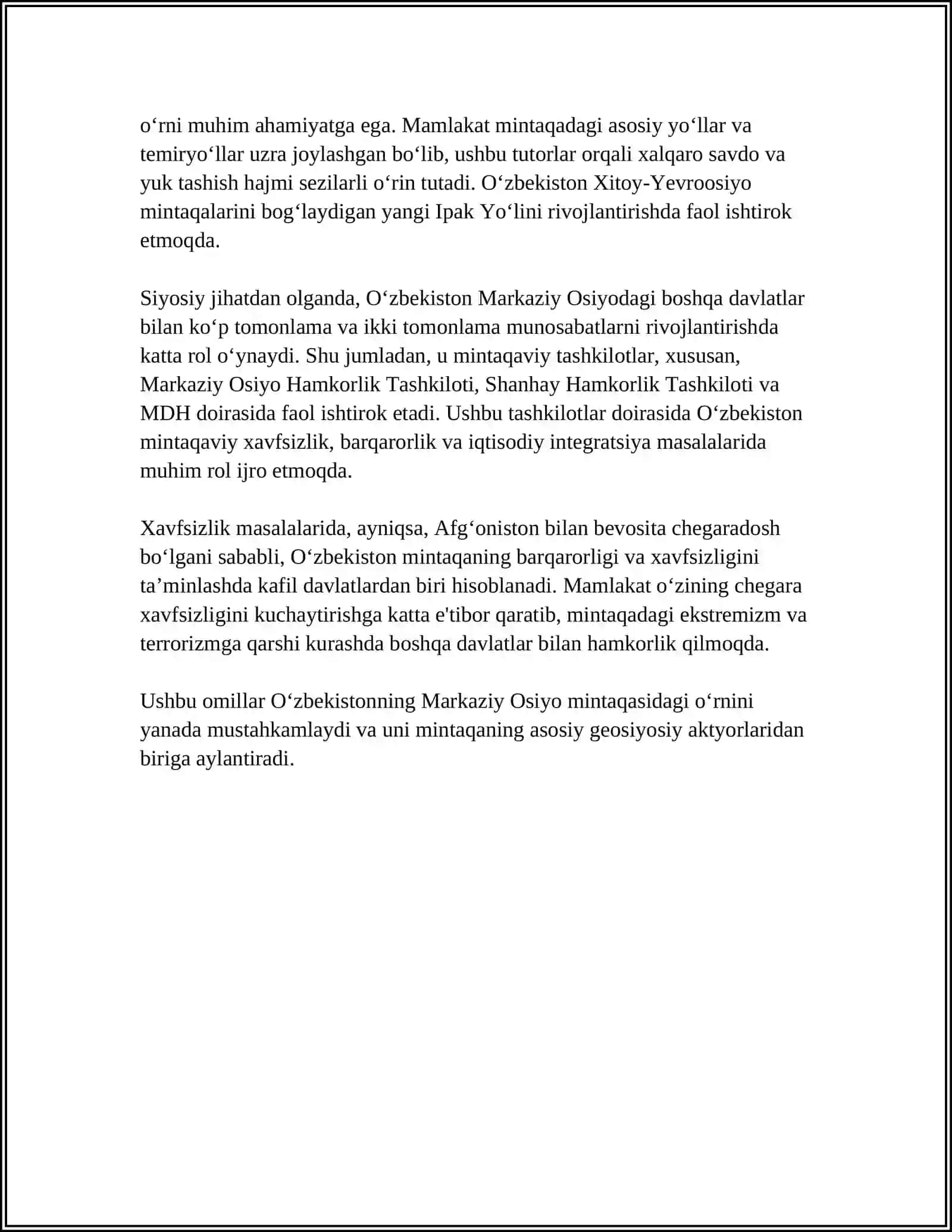 O‘ZBEKISTONNING MARKAZIY OSIYODA TINCHLIK BARQARORLIK TAʼMINLASHDAGI OʻRNI 4