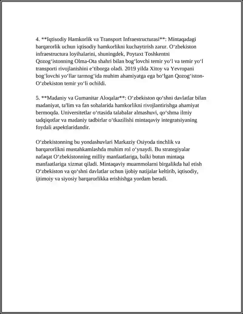 Oʻzbekistonning Markaziy Osiyoda tinchlik va barqarorlik siyosati: umumiy yondashuvlar 4