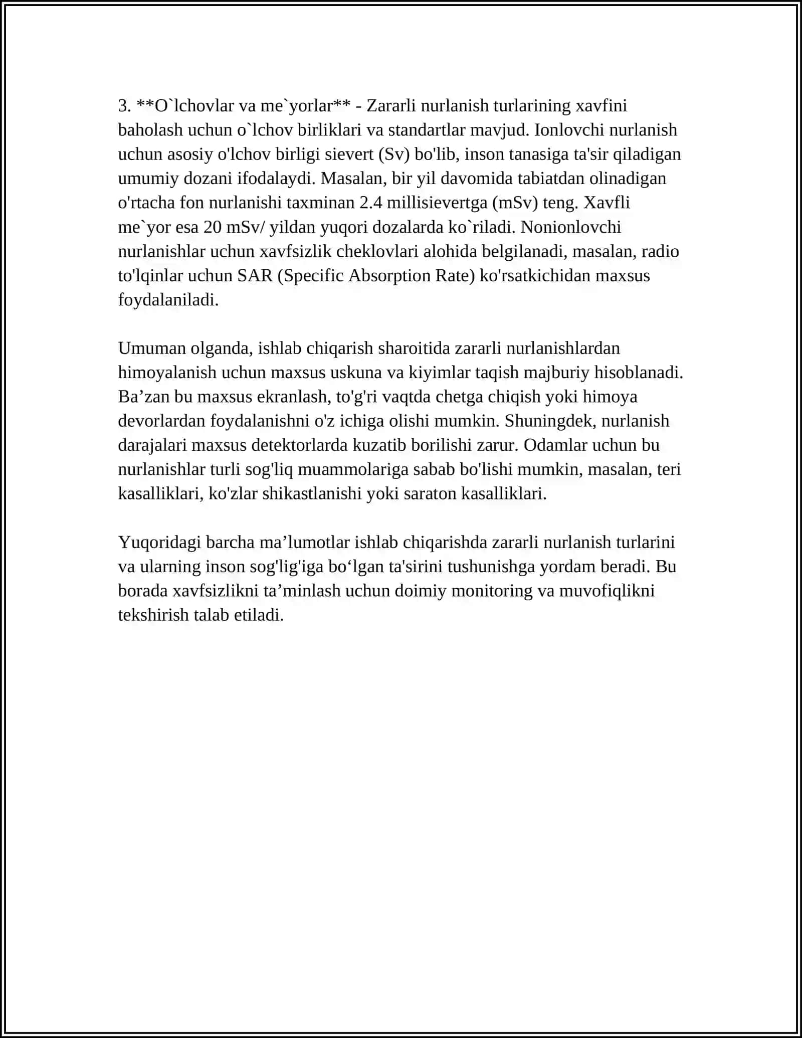 ISHLAB CHIQARISHDA ZARARLI NURLANISHLARNING XUSUSIYATLARI VA ULARNING INSON ORGANIZMIGA TASIRI 4