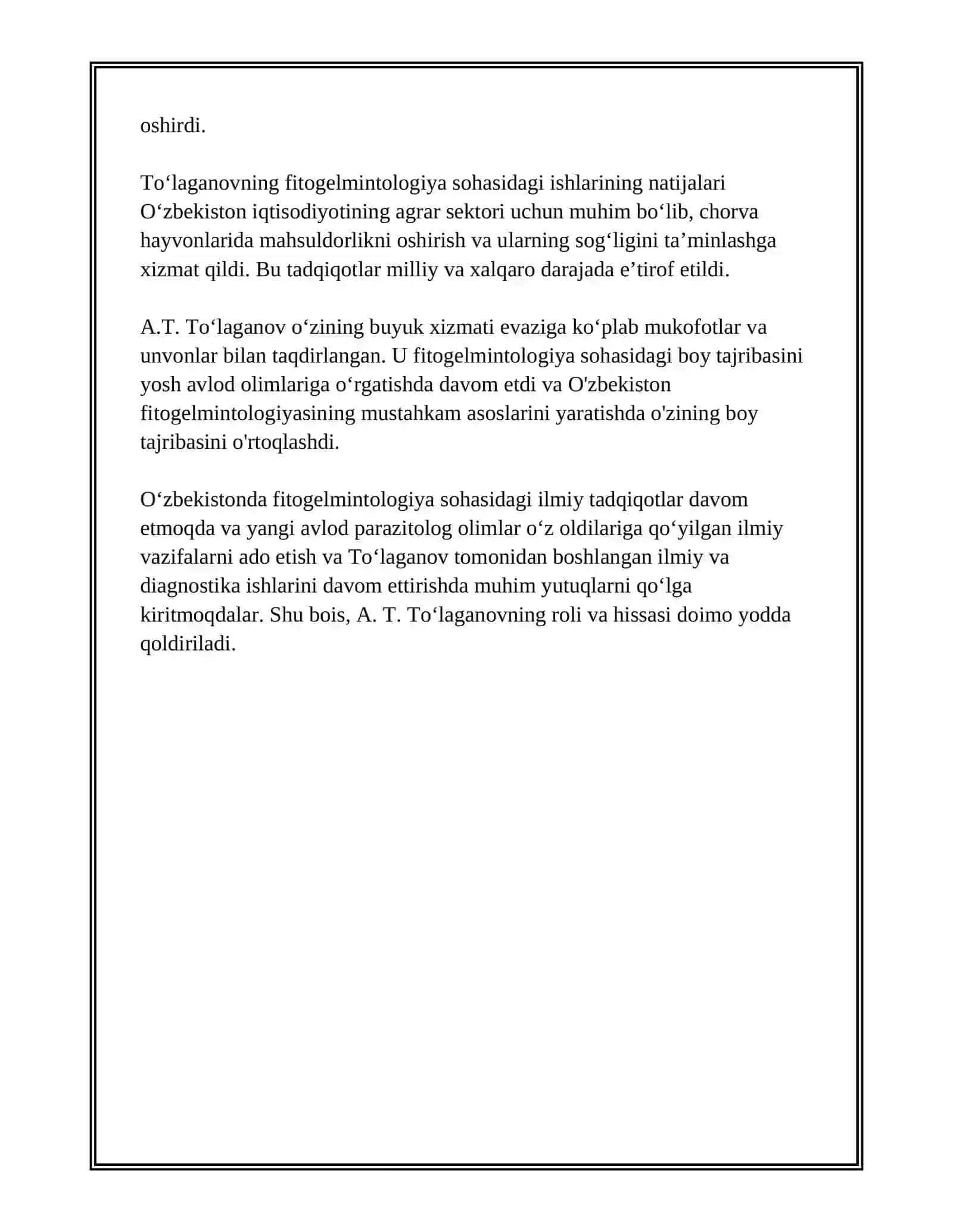 OʻZBEKISTONDA FITOGELMINTOLOGIYANING SHAKLLANISHI A. T. TOʻLAGANOVNING ROLI 4