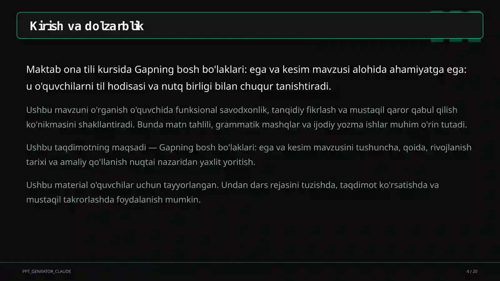 Gapning bosh bo'laklari: ega va kesim (8-sinf) 4
