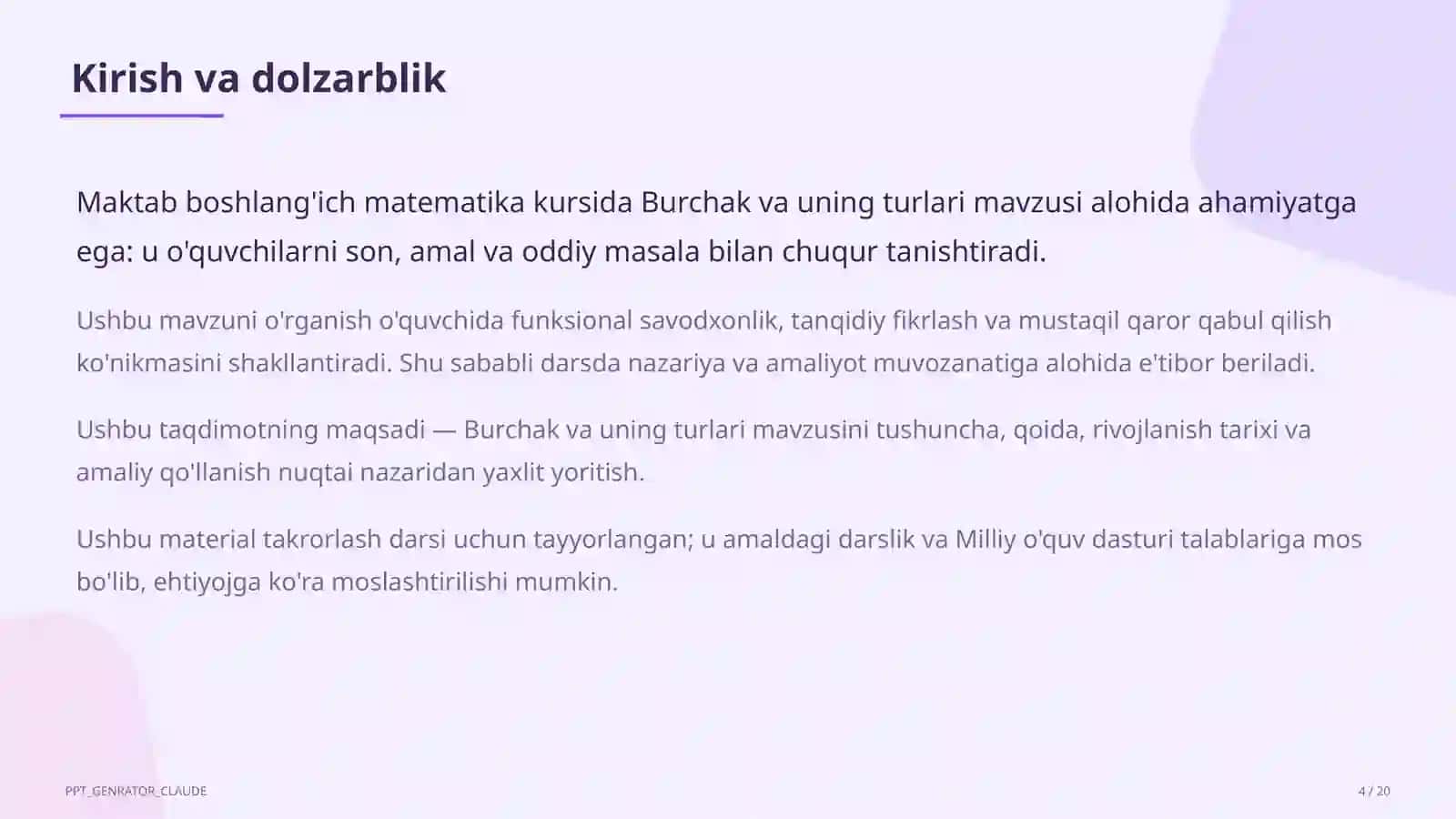 Burchak va uning turlari (4-sinf) 4