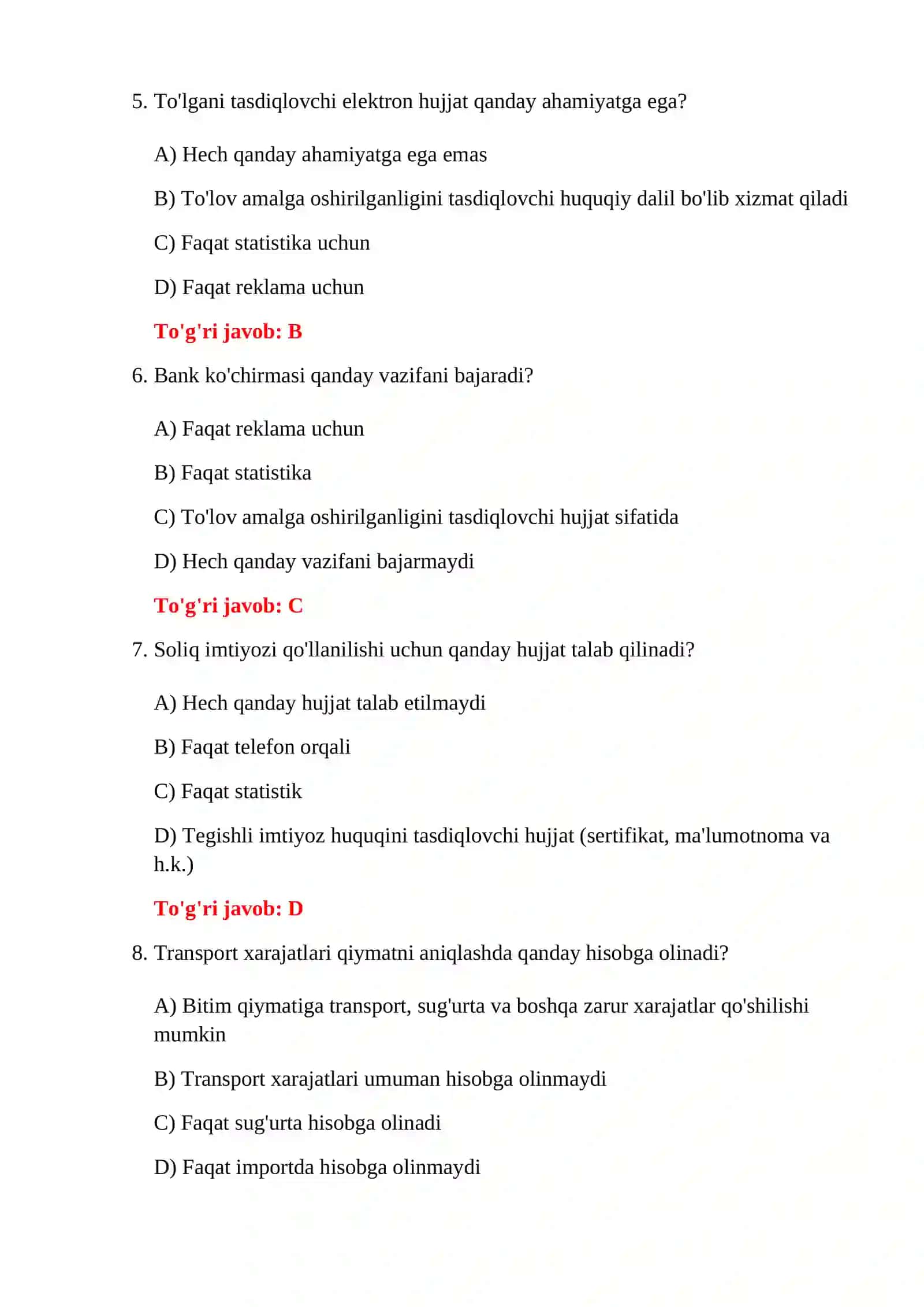 BOJXONA RASMIYLASHTIRUVI IMTIHON TESTLARI 4