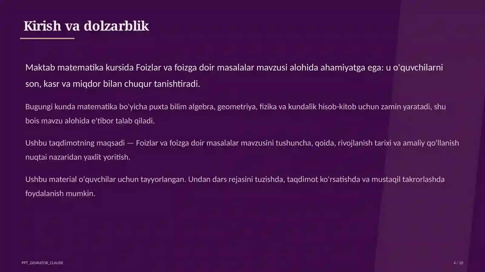 Foizlar va foizga doir masalalar (5-sinf) 4