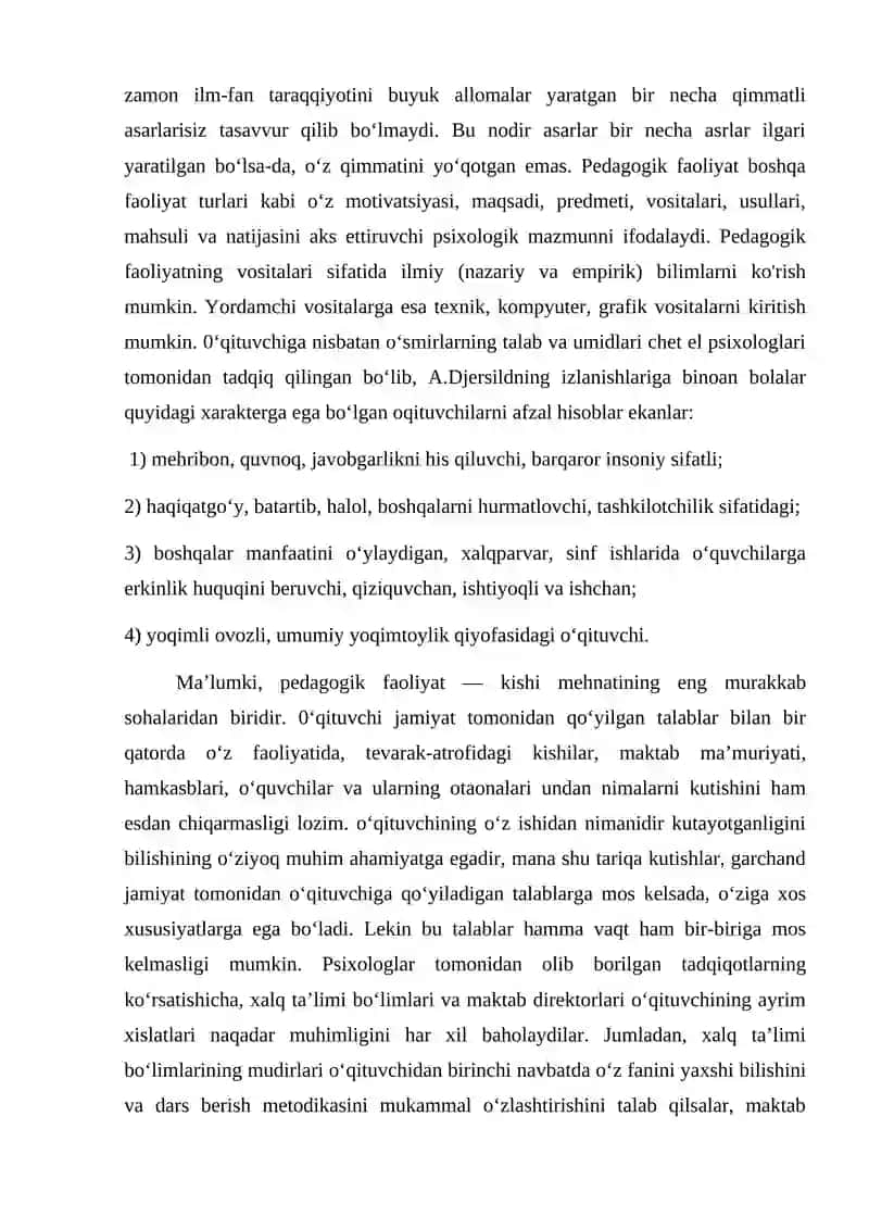 Pedagog faoliyatida psixologiyasining yetakchi ahamiyatga ega ekanligi 4