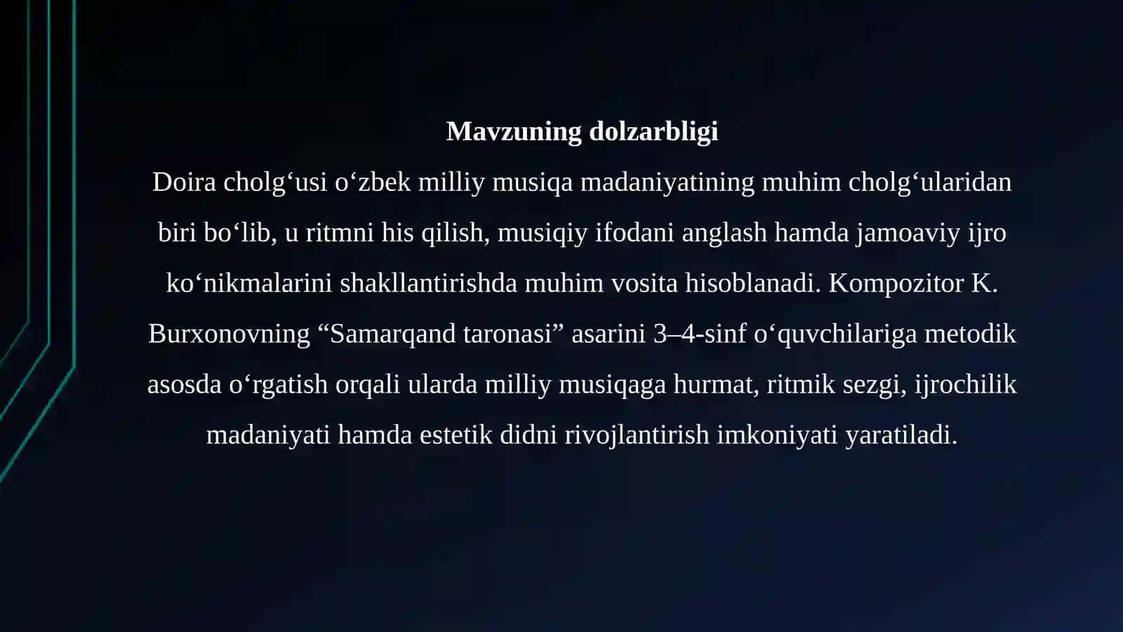 K. Burxonovning “Samarqand taronasi” asarini doira cholgʻusida oʻrgatish metodikasi 4
