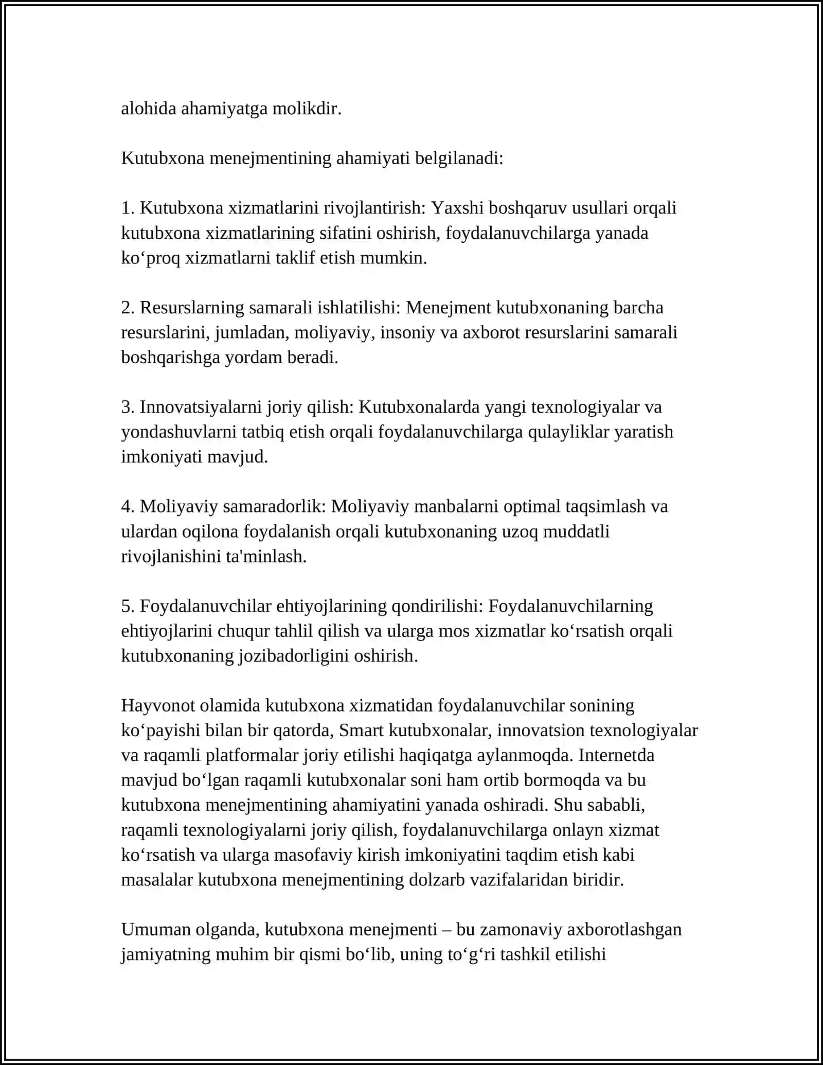 MUSTAQIL ISH Mavzu: KUTUBXONA BOSHQARUV (MENEJMENTI):ASOSIY TUSHUNCHALARI VA KATEGORIYALARI 4