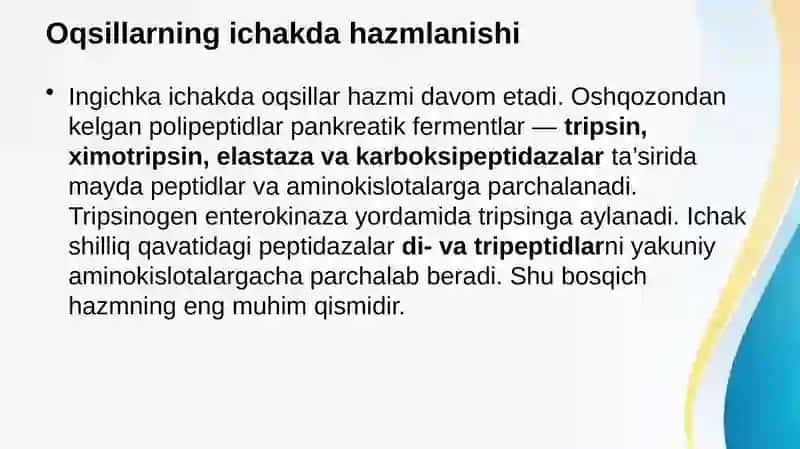 Oqsillar hazmlanishi va soʻrilishi. Aminokislotalar almashinuvini umumiy yoʻllari 4