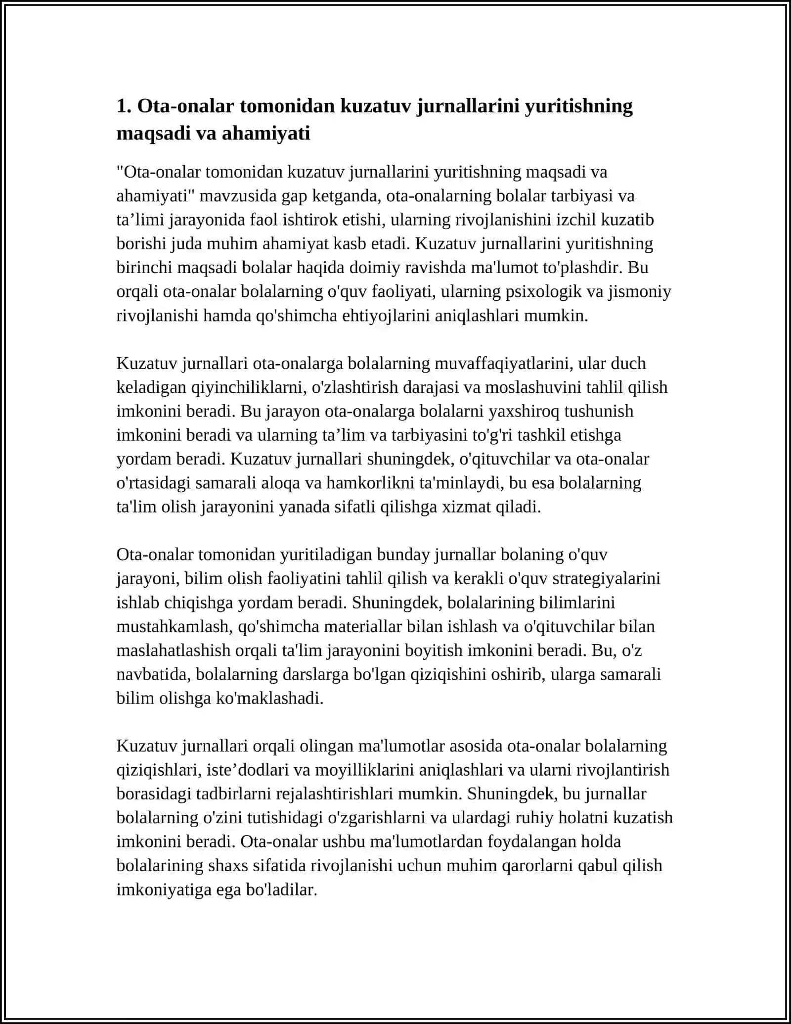 OTA ONALAR TOMONIDAN KUZATUV JURNALLARINI YURITISH,OTA ONALAR UCHUN MOʻLJALLANGAN "UY VAZIFASI KARTOCHKALARI" QOʻLLASH USULLARI 4