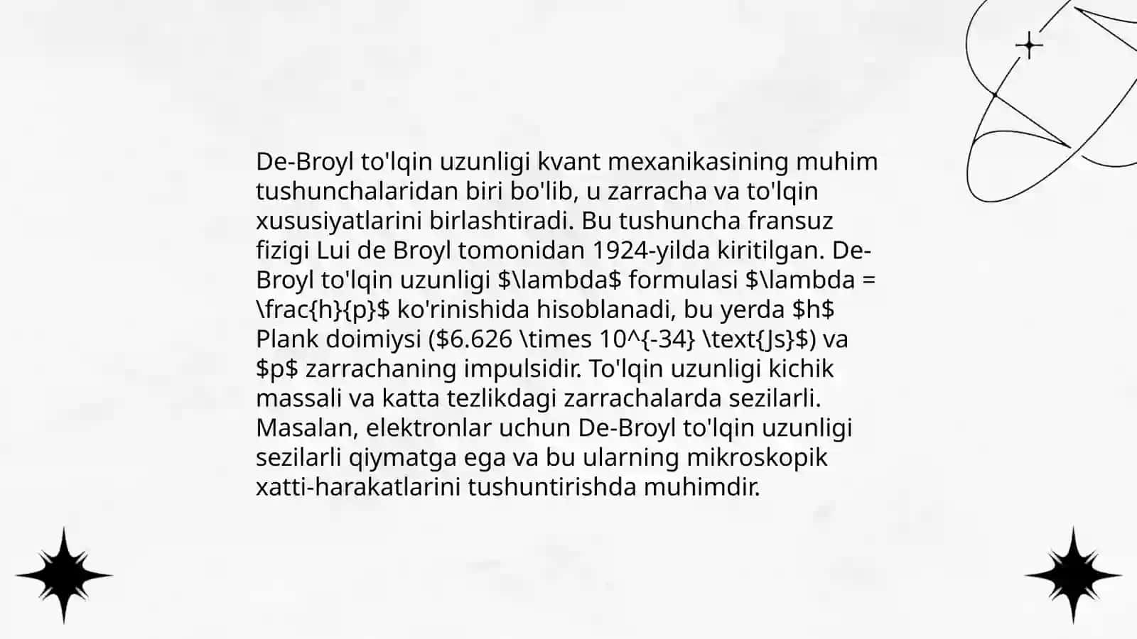 Atom orbitallar De-Broyl tenglamasi elektron bulut tòlqin funksiyasi s d p f elementlarning funksiyasi 4