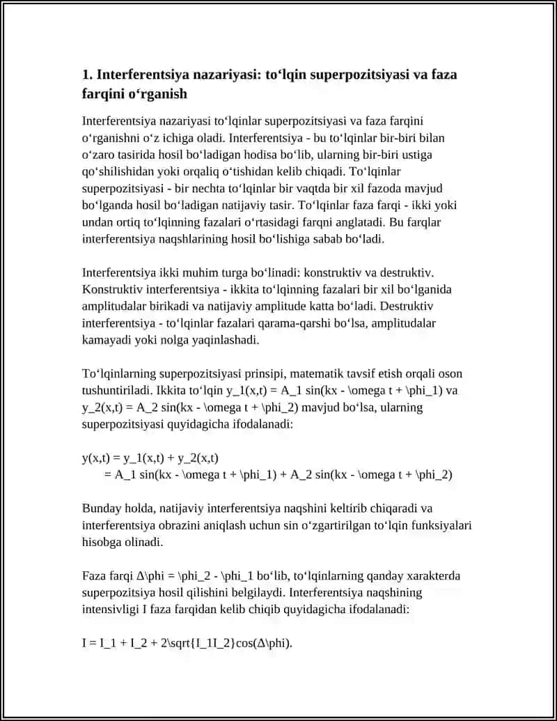 INTERFERENTSIYA VA INTERFEROMETRNI MODELLASHTIRISHNI O‘RGANISH. DIFFRAKTSIYA VA SPEKTRAL O‘ZGARISHLAMI MODELLASHTIRISHNI O‘RGANISH 4