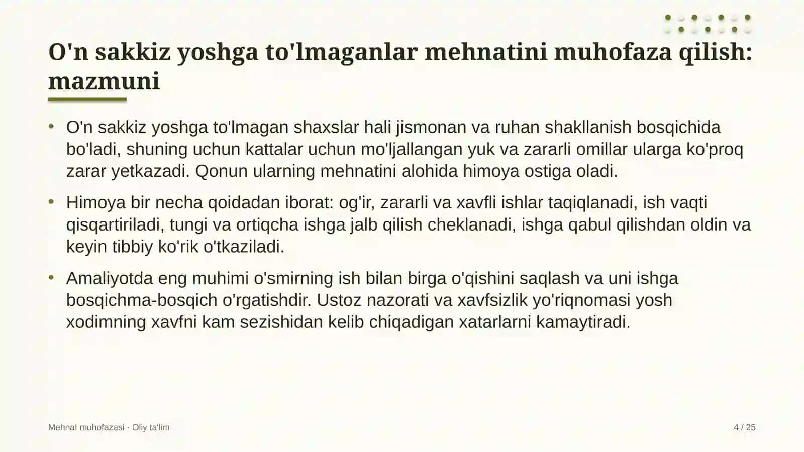 echkichilikda o'n sakkiz yoshga to'lmagan xodimlar mehnatini muhofaza qilish 3166 4