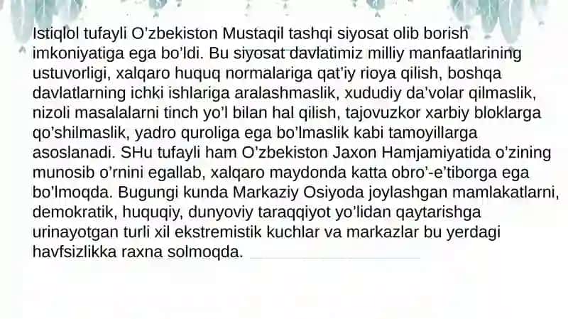 Markaziy Osiyoda tinchlik va barqarorlikni saqlashda O‘zbekistonning o‘rni 4
