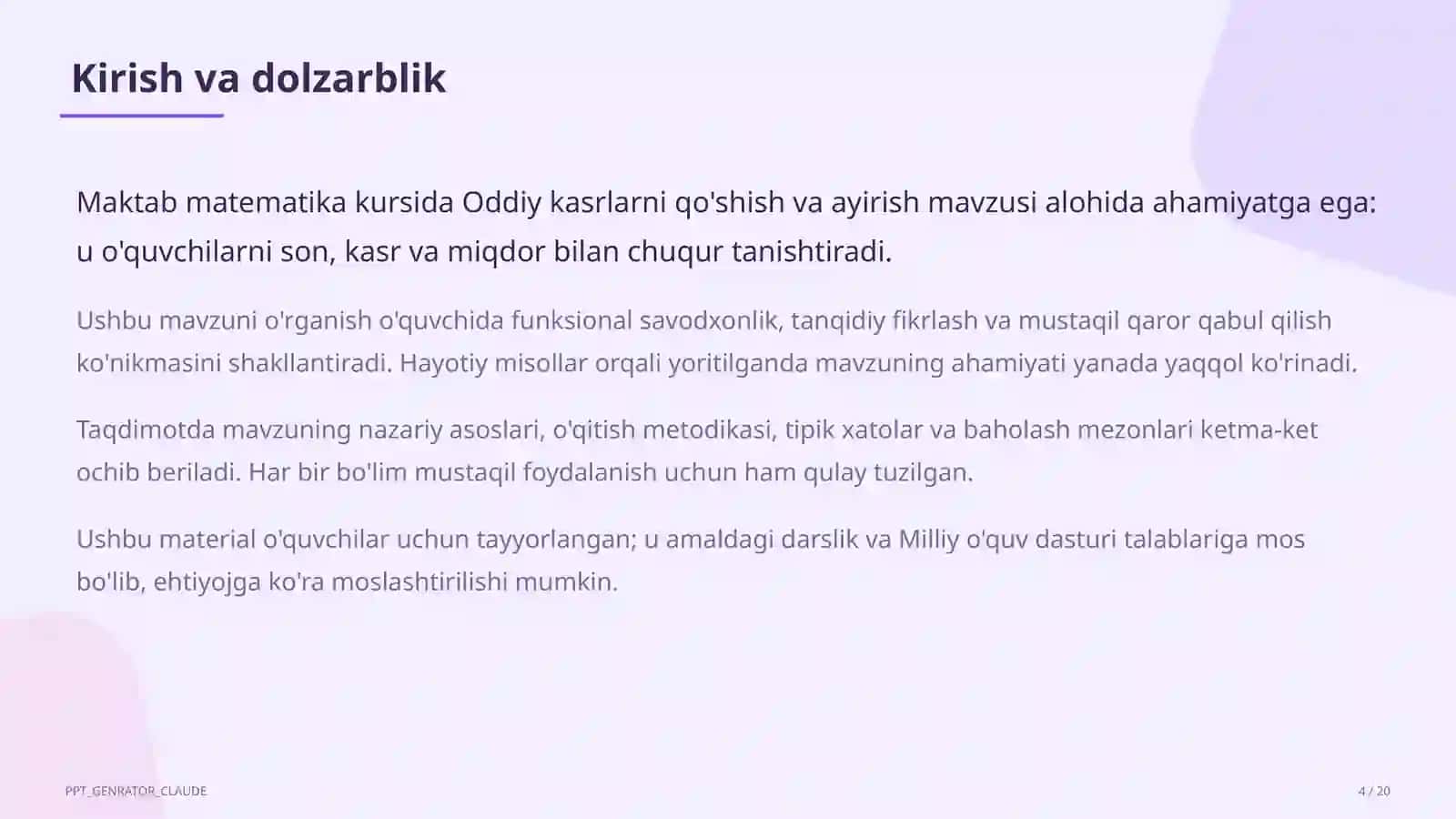 Oddiy kasrlarni qo'shish va ayirish (5-sinf) 4