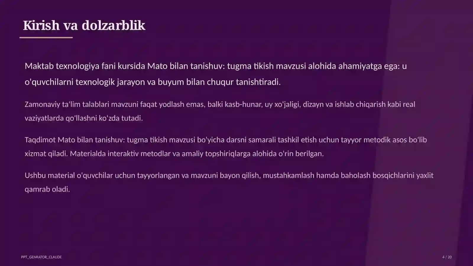 Mato bilan tanishuv: tugma tikish (2-sinf) 4