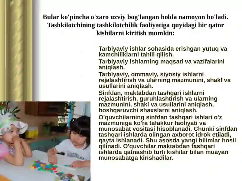 Mahalla oila va maktab hamkorligining uzviyligi taminlash. Tarbiyaviy tadbirlarni tashkil etish usullari 4