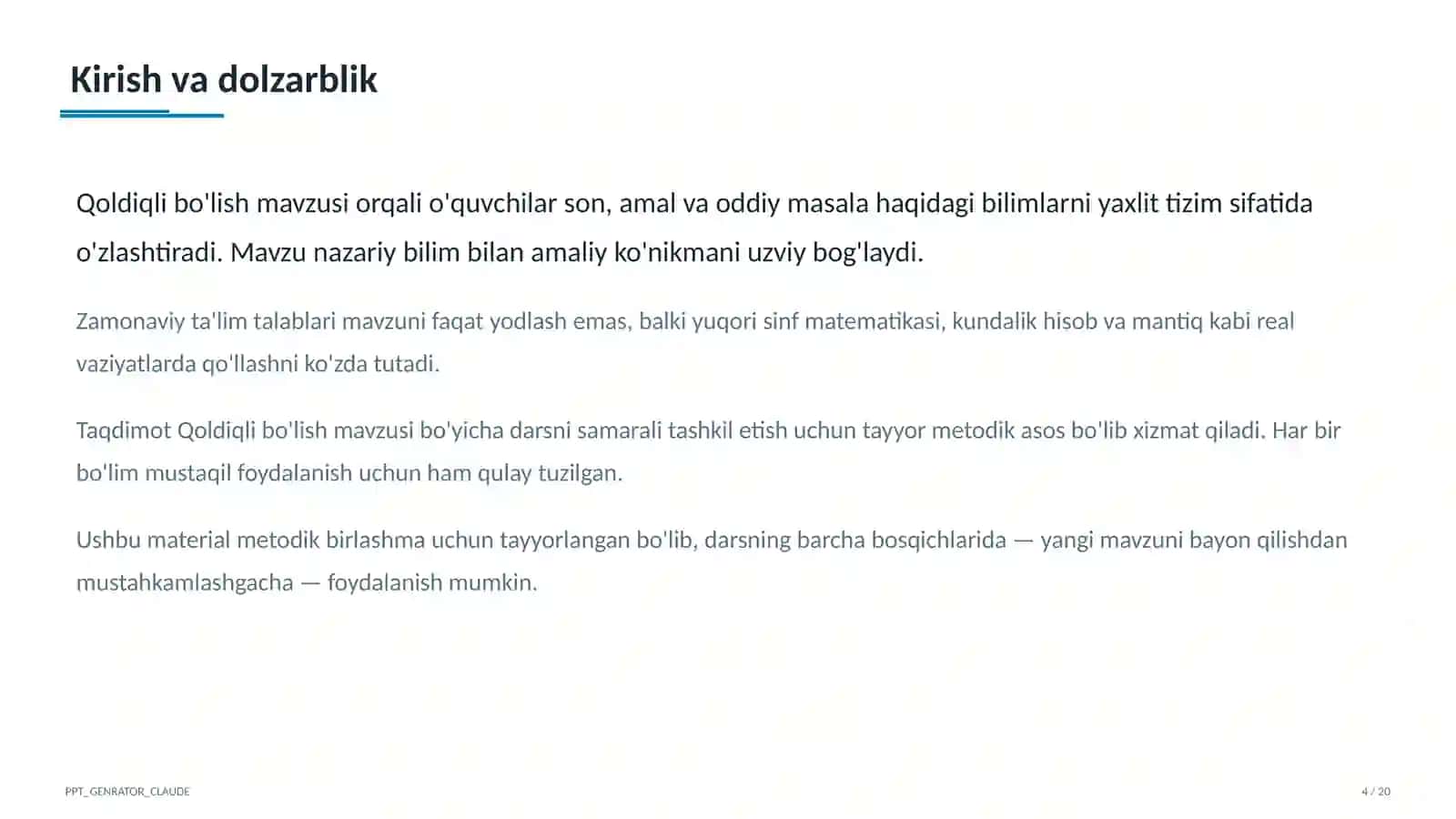 Boshlang'ich sinf: Matematika (1–4) — metodik birlashma uchun 4