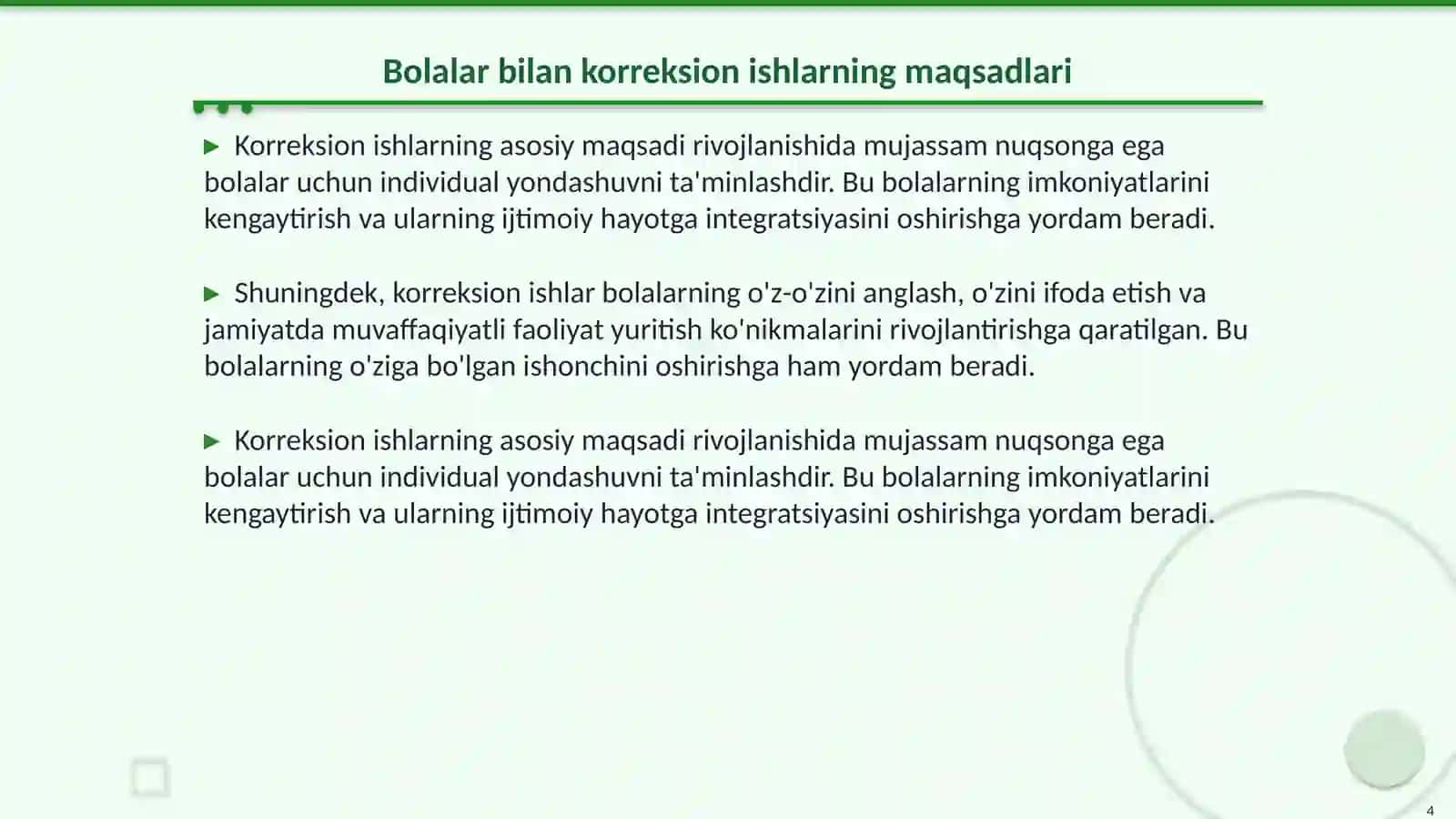 Rivojlanishida mujassam nuqsonga ega boʻlgan bolalar bilan olib boriladigan kompleks korreksion ishlarning tizimi 4