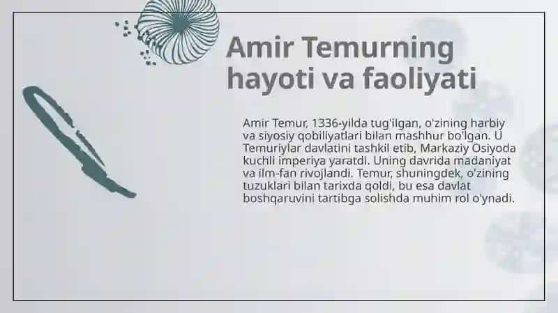 Amir Temur va Temuriylar davri renessansi, Temur tuzuklari va uning hozirgi davrdagi ahamiyati. Mirzo Ulugʻbekning jahon ilm fani rivojida tutgan oʻrni 4