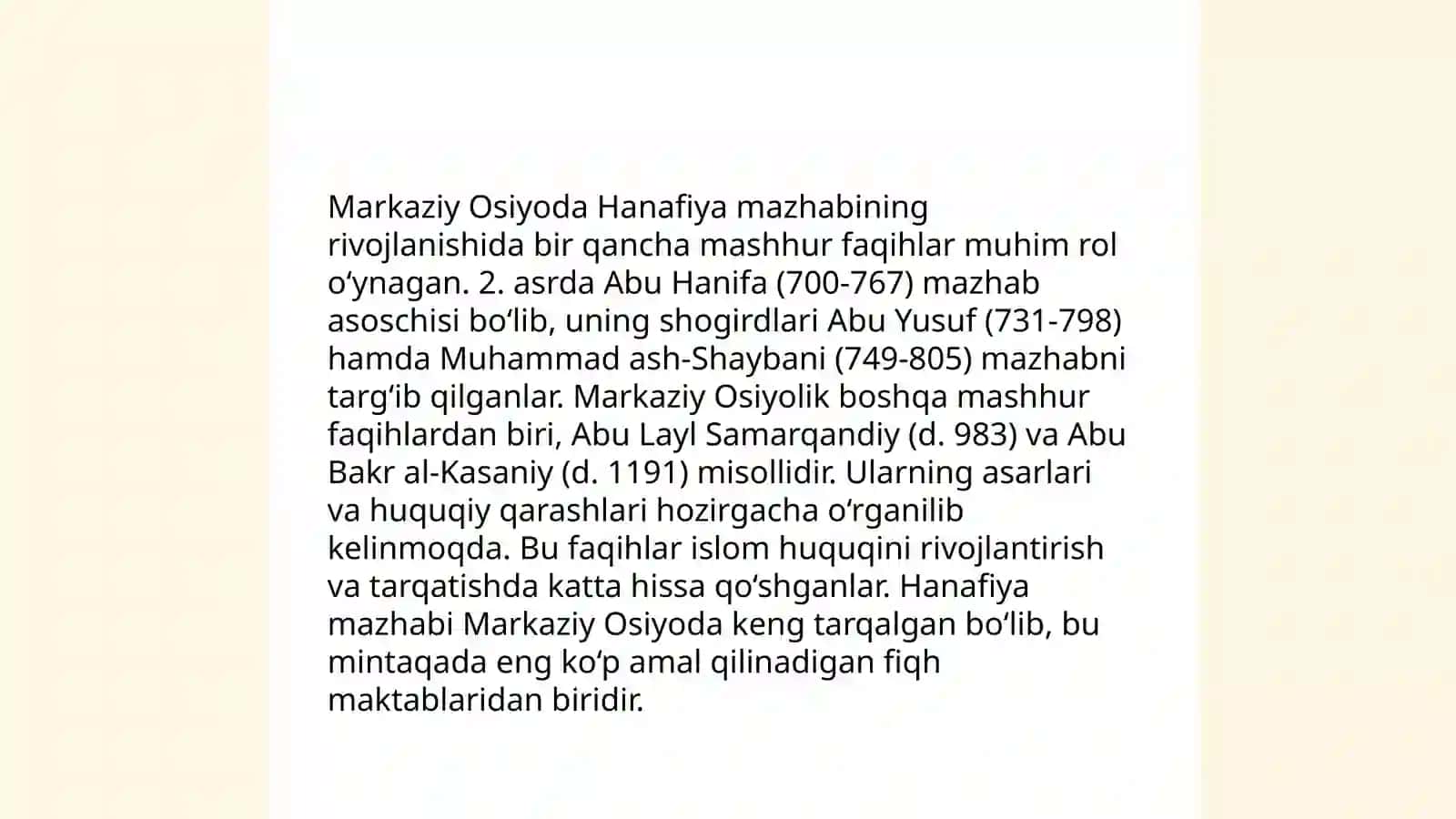 Hanafiy mazhabi rivojida Markaziy Osiyo faqihlarining roʻli va vazifasi 4