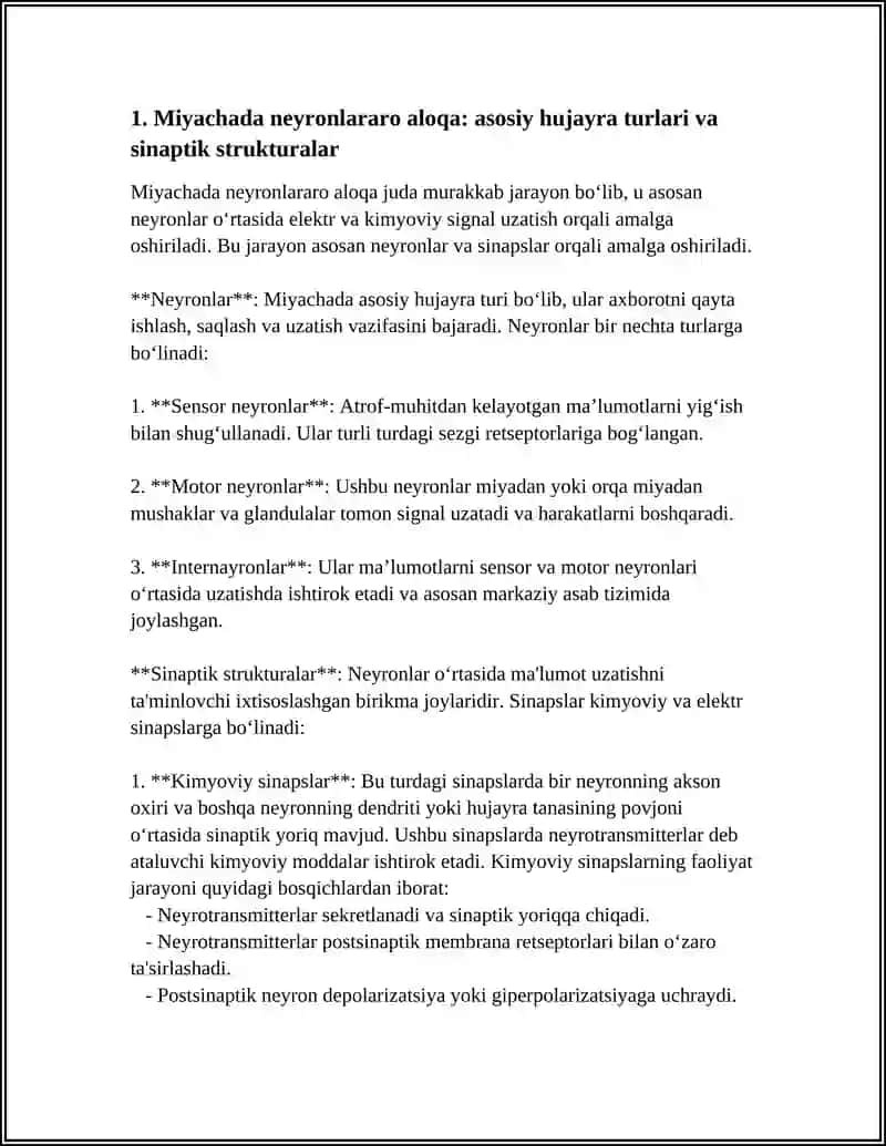 MIYACHADA NEYRONLARARO ALOQALAR. MIYACHA PURKINYE HUJAYRALARINING TASHQI TA'SIRLARGA VA GIPOKSIYAGA REAKSIYASI 4