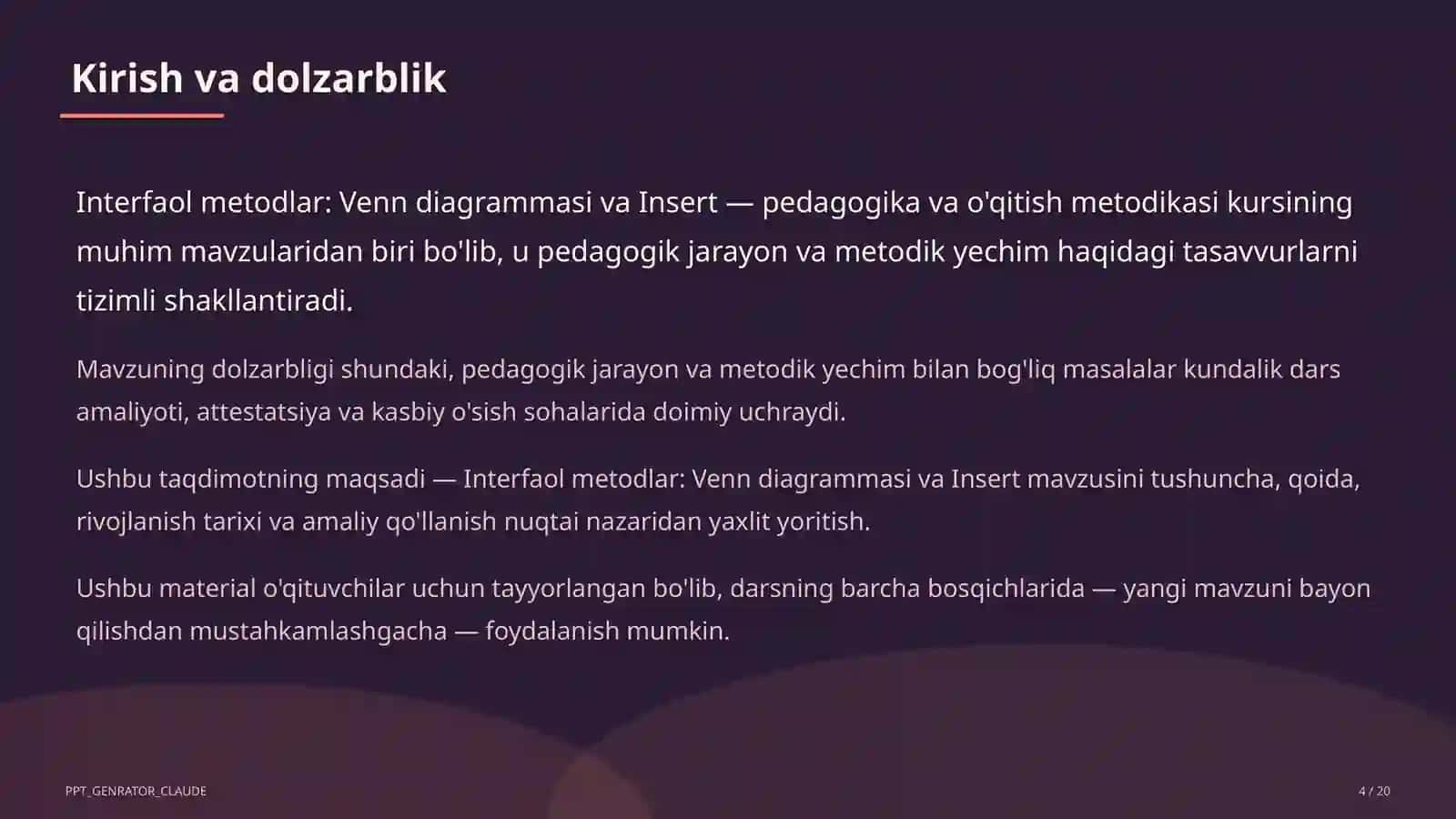 Interfaol metodlar: Venn diagrammasi va Insert 4