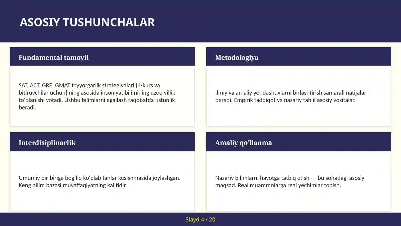 SAT, ACT, GRE, GMAT TAYYORGARLIK STRATEGIYALARI [4-KURS VA BITIRUVCHILAR UCHUN] 4