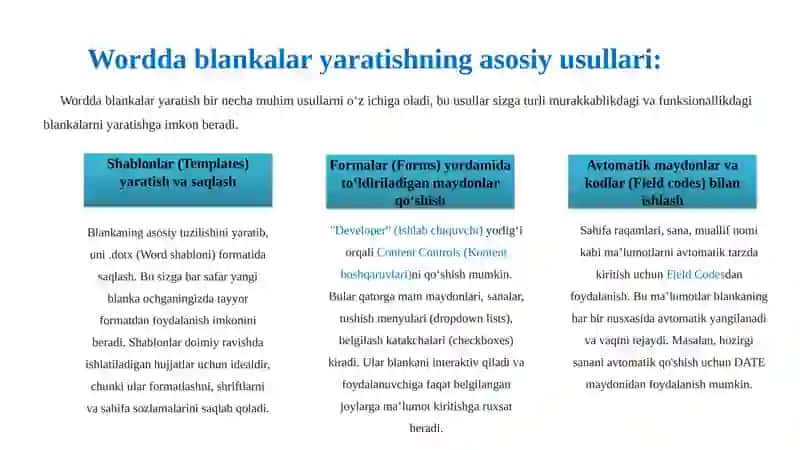 Word matn taxrirlagichida turli xil blankalar yaratish (ariza, kasallik kartasi, analizlar blankasi va h.k.) 4