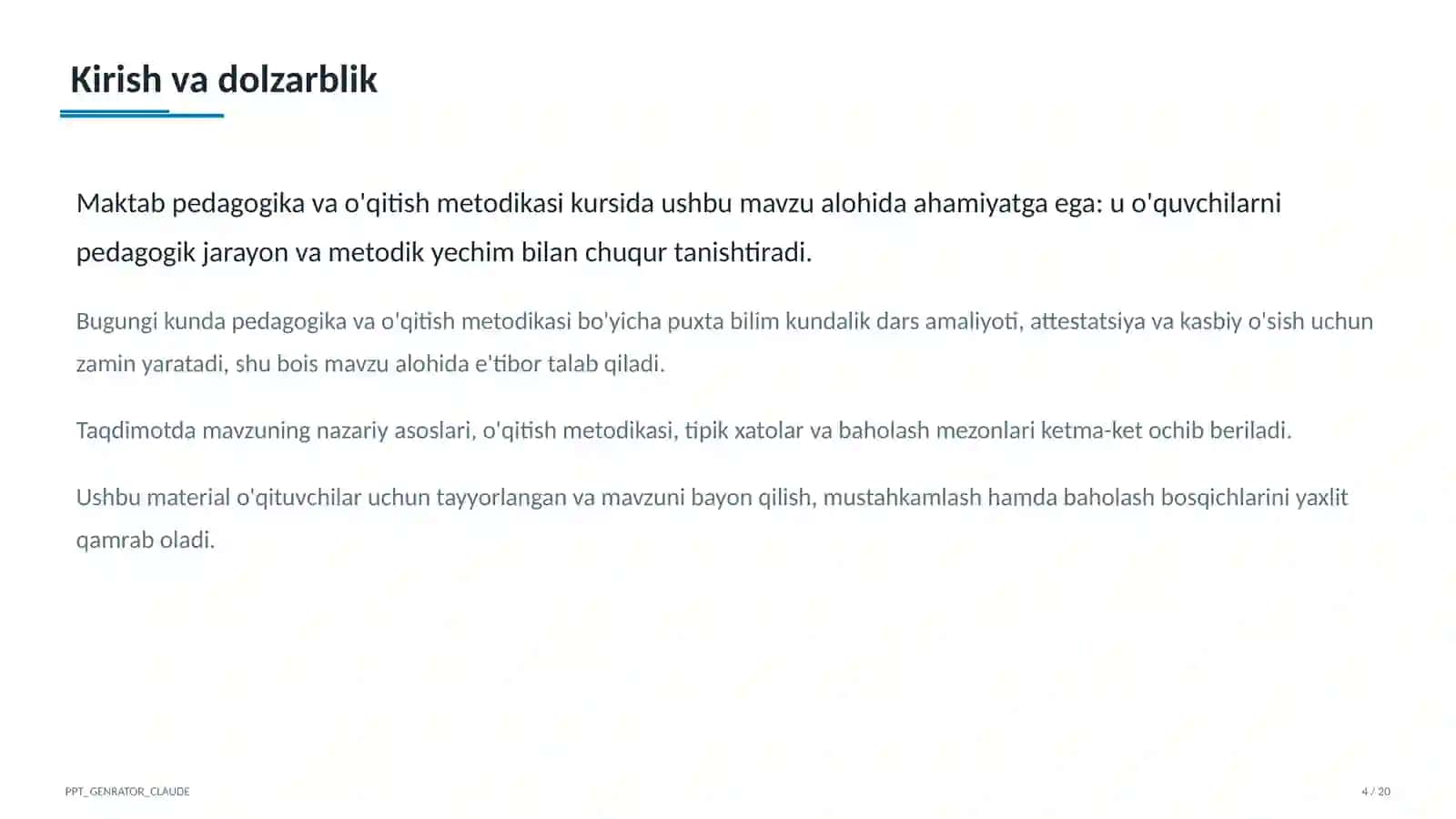 O'qituvchilar uchun: pedagogika va o'qitish metodikasi 4