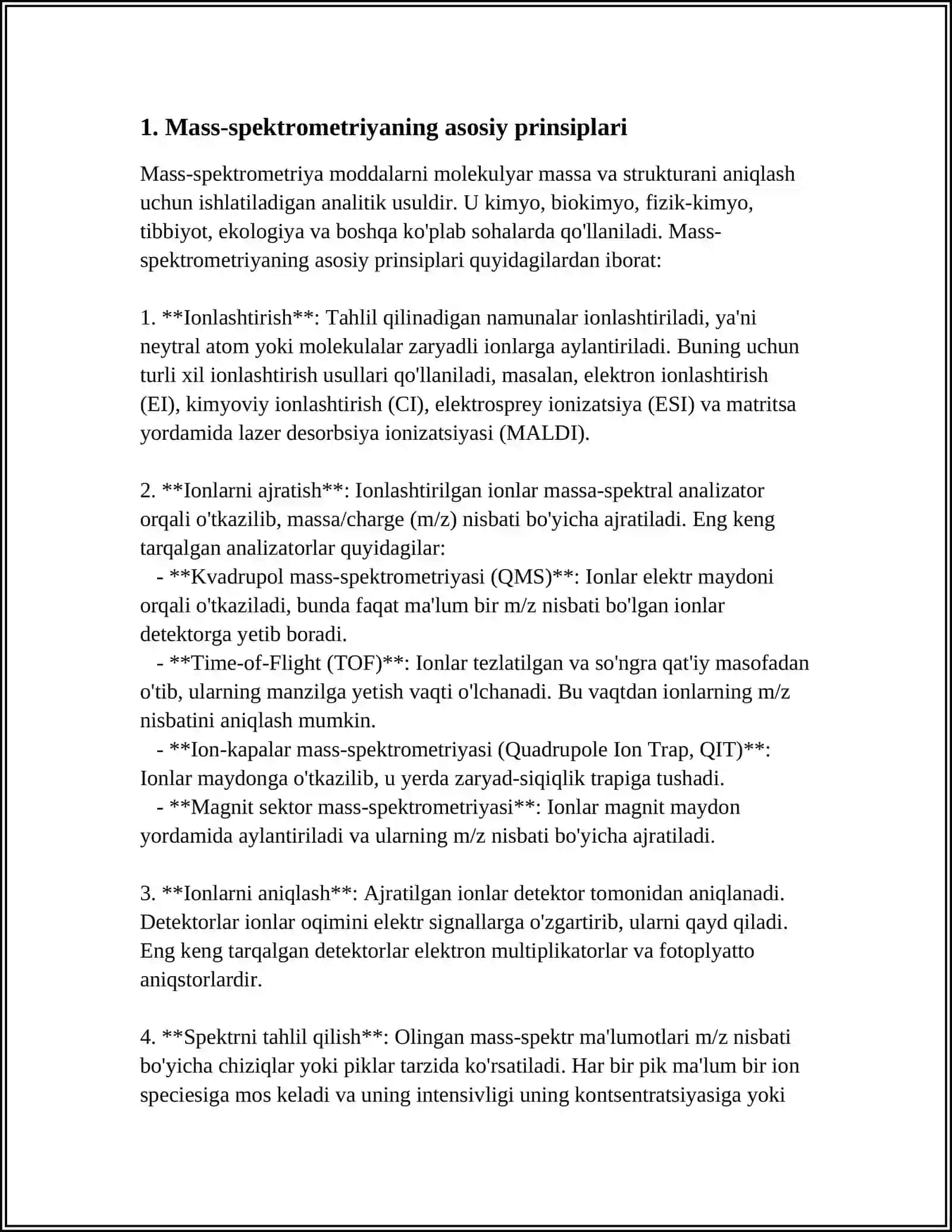 MASS-SPEKTROMETRIYA: PRINSIPLAR, METODLAR VA QO‘LLANILISHI 4